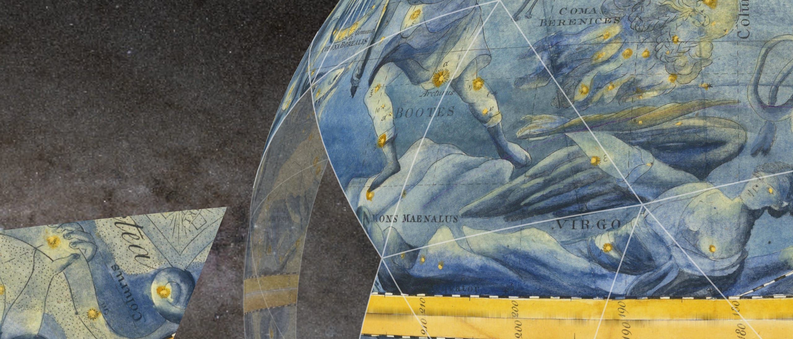 A blue and gold star chart from 1800 wrapped round a sphere, Virgo and Boötes on it, with a loose piece drifting off to one side.