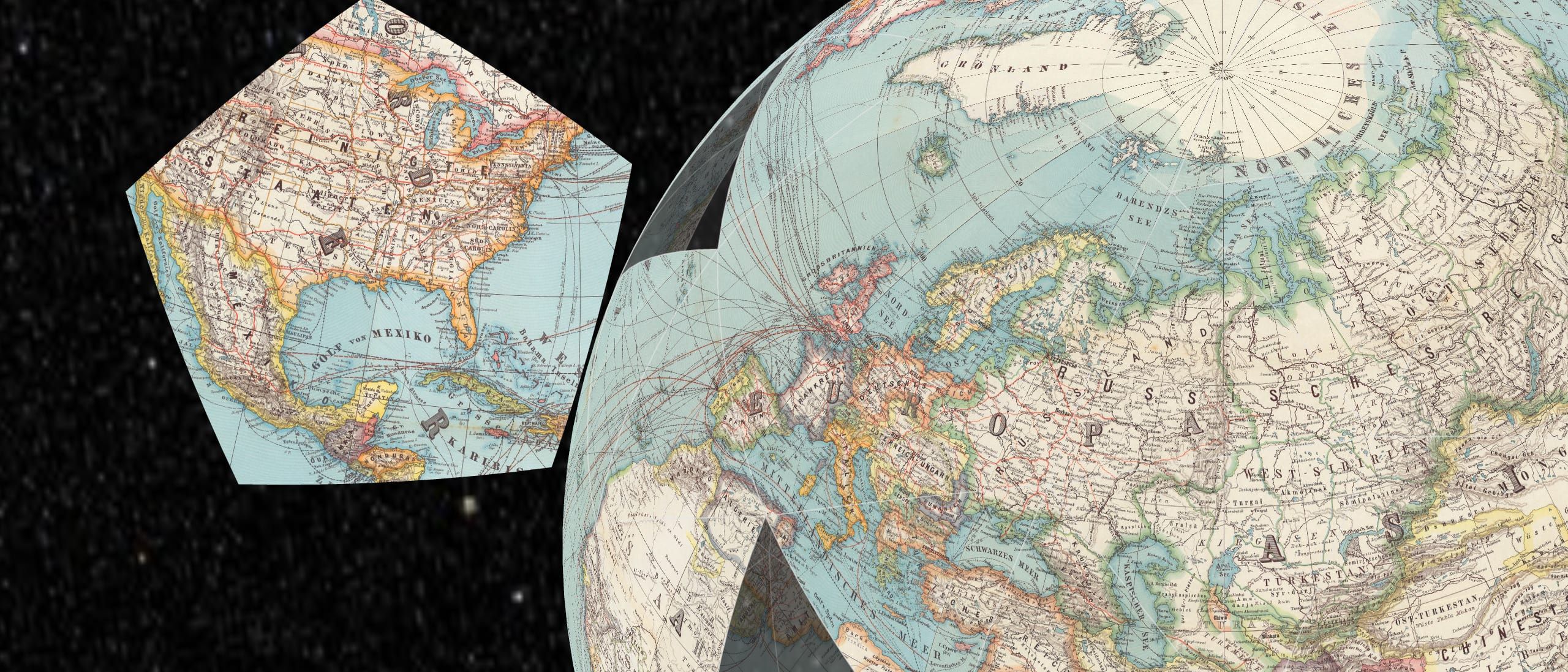 An 1891 paper globe, Europe and Asia at its centre and a few pieces missing, with a loose five-sided piece showing North America beside it.