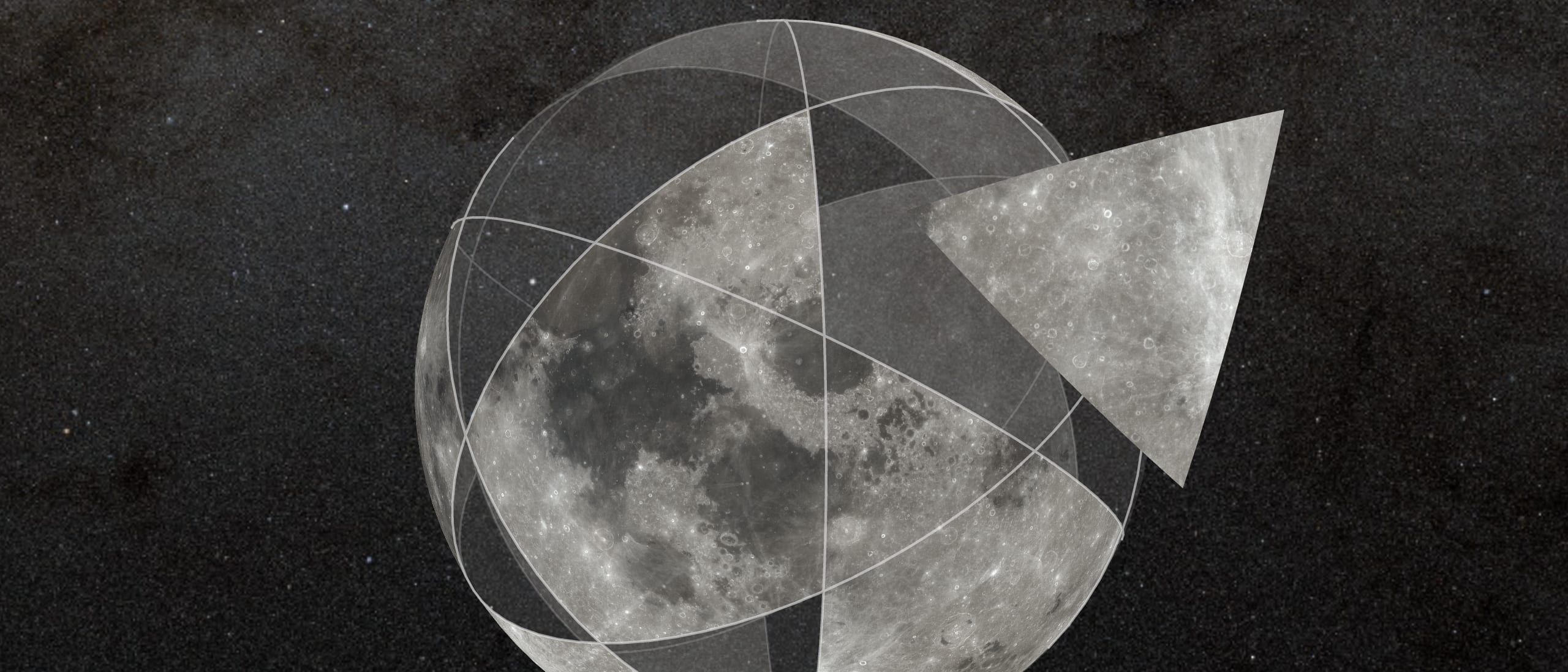 The Moon as a small sphere of curved pieces against a starry sky, most of its frame still empty, with a piece drifting off to one side.