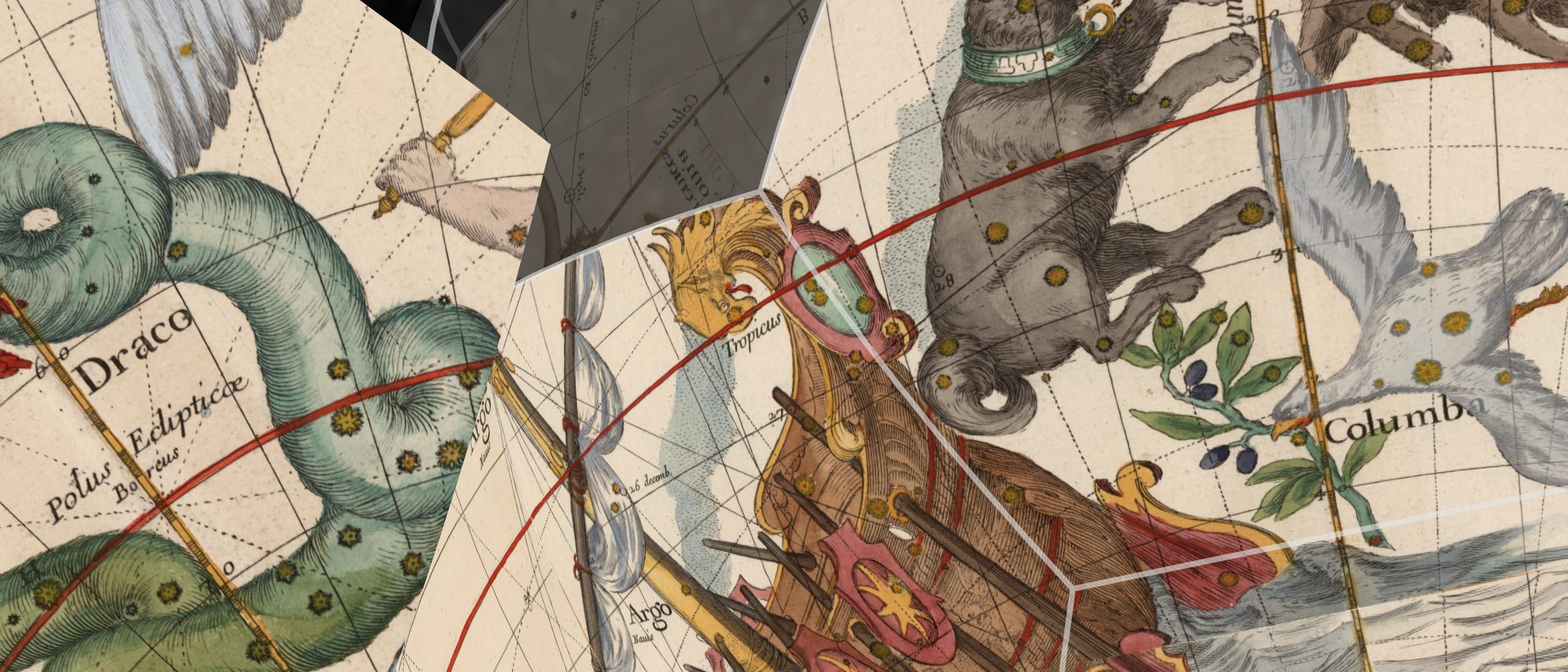 A 1693 star atlas wrapped round a sphere, Argo the ship and the great dog drawn among the stars, and a piece lifted away showing Draco.