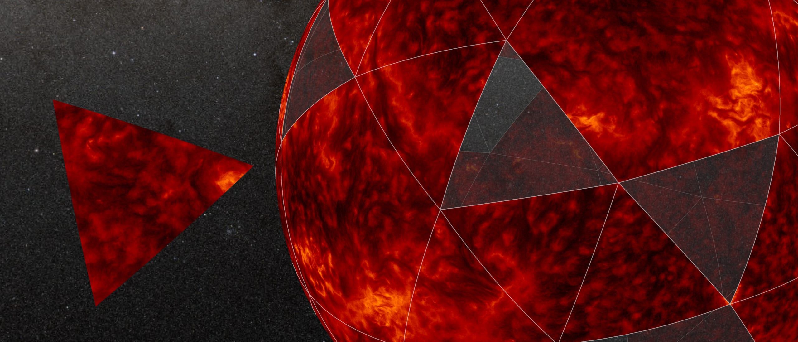 The Sun in deep red ultraviolet as a sphere of triangular pieces with gaps, and a loose piece drifting off to one side against the Milky Way.