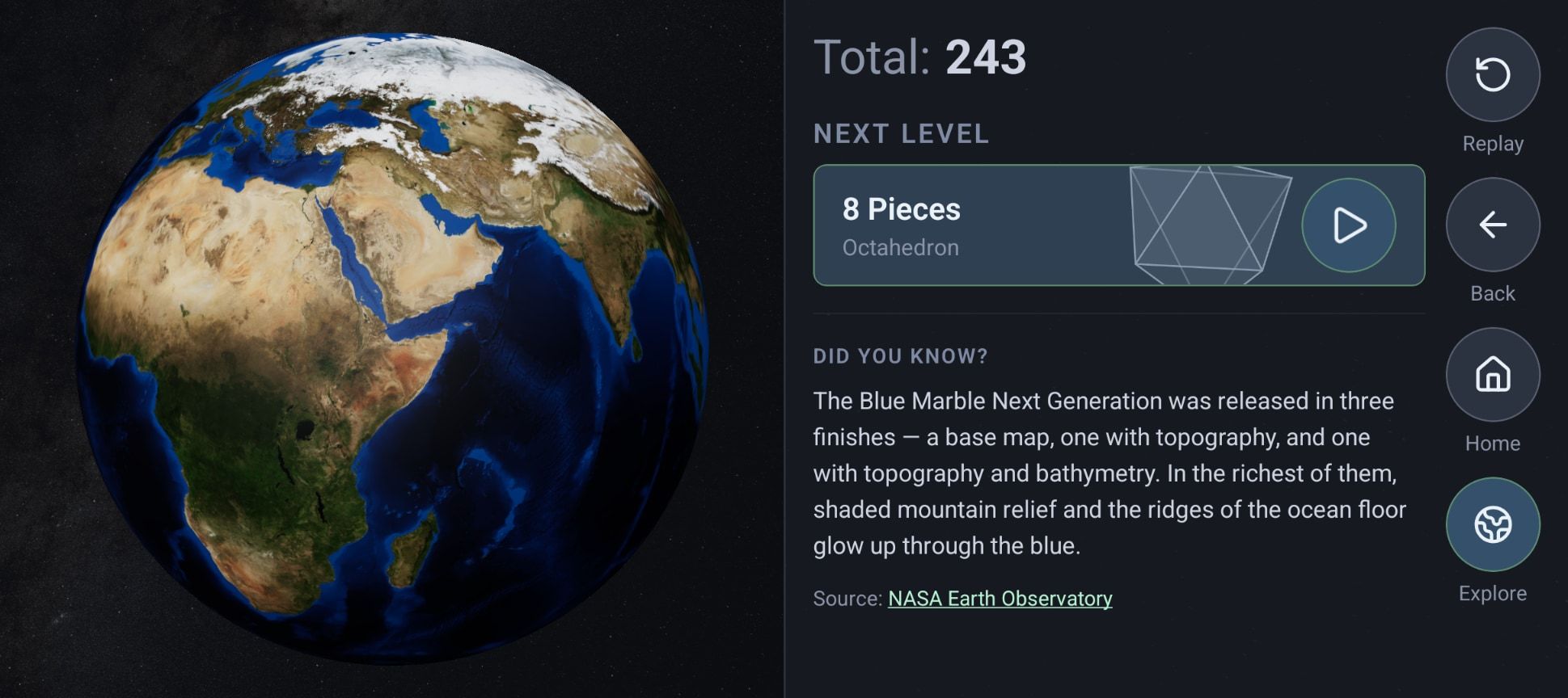 A finished Earth, whole and turning, beside a total of 243 and the next level, eight pieces in an octahedron, with a note on NASA's Blue Marble.