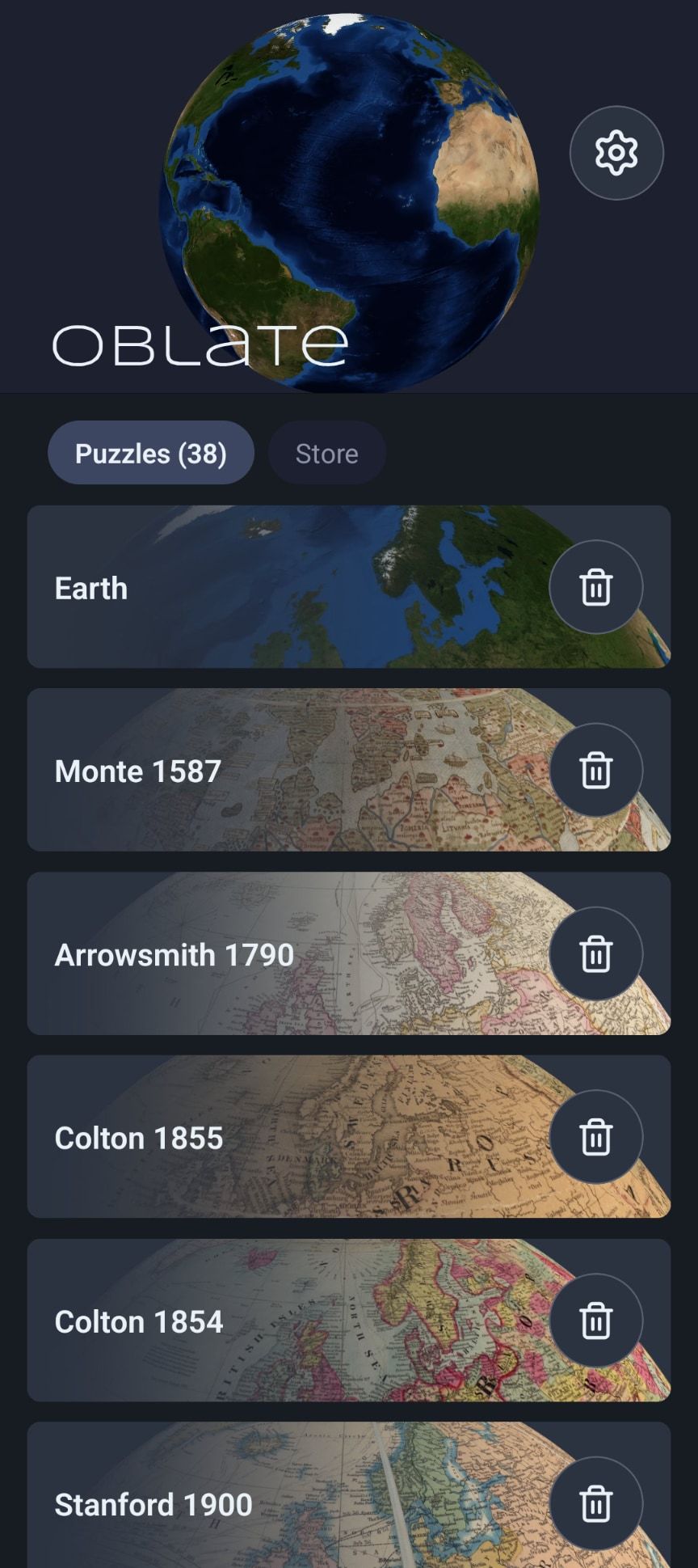 The home screen: Earth turning above the wordmark, and the puzzle list below it, Earth first, then Monte 1587, Arrowsmith 1790 and Colton 1855.