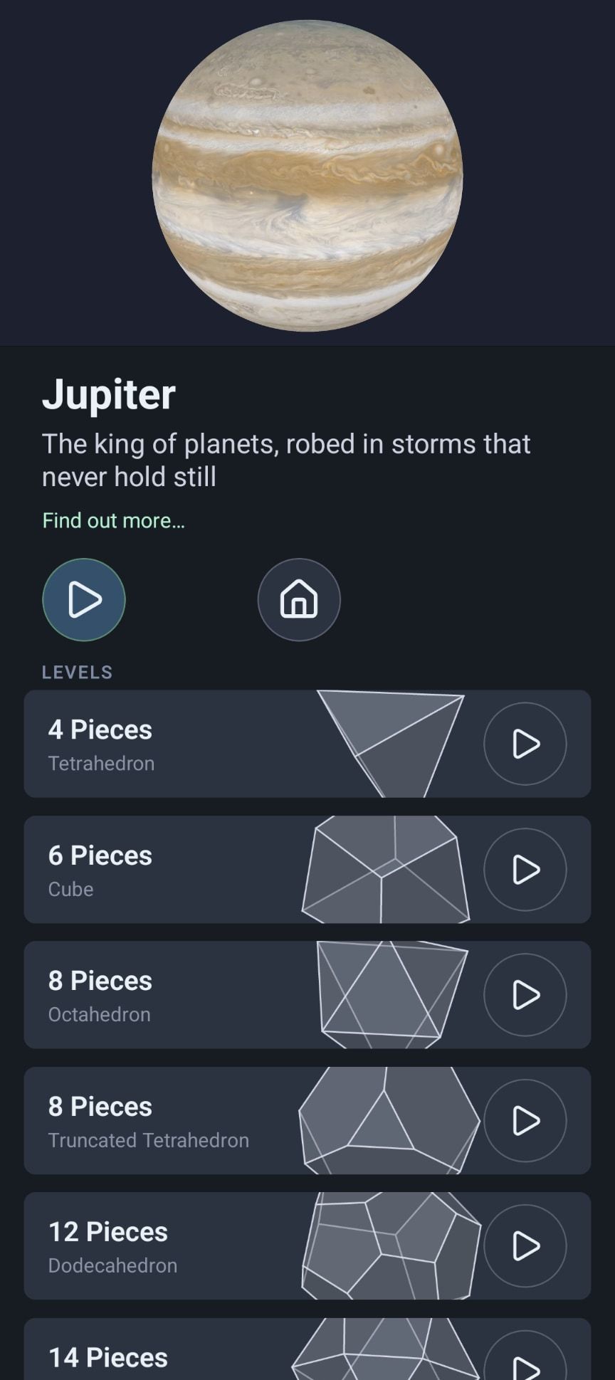 Jupiter's page: the banded planet above a line about it, and its levels listed beneath, from a four-piece tetrahedron up to fourteen pieces.