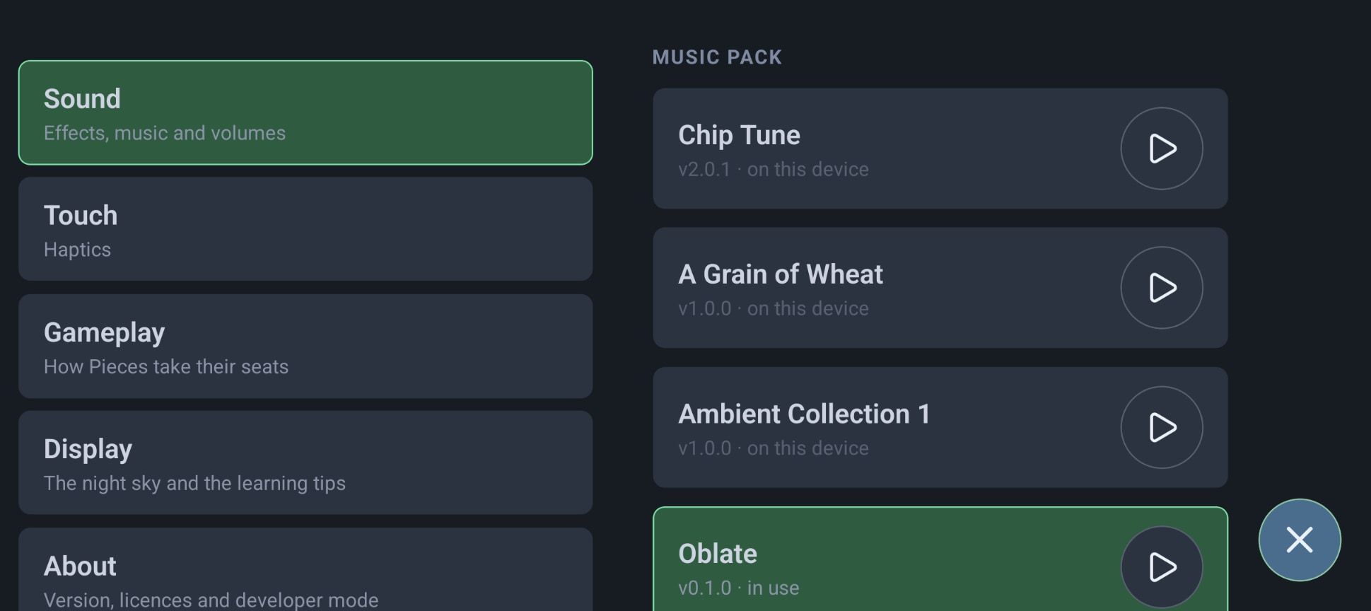 The settings screen with Sound selected, and the music packs beside it: Chip Tune, A Grain of Wheat, Ambient Collection 1 and Oblate, the one in use.