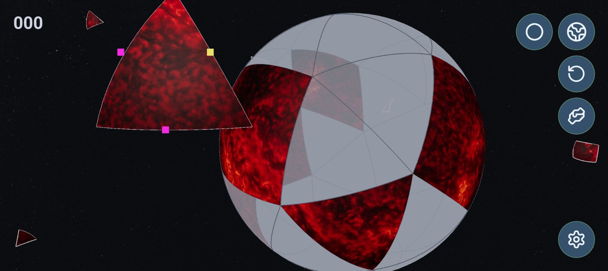 A sphere of the Sun's surface in deep red, half assembled, one triangular piece held up and two small ones drifting, at the start of a game.